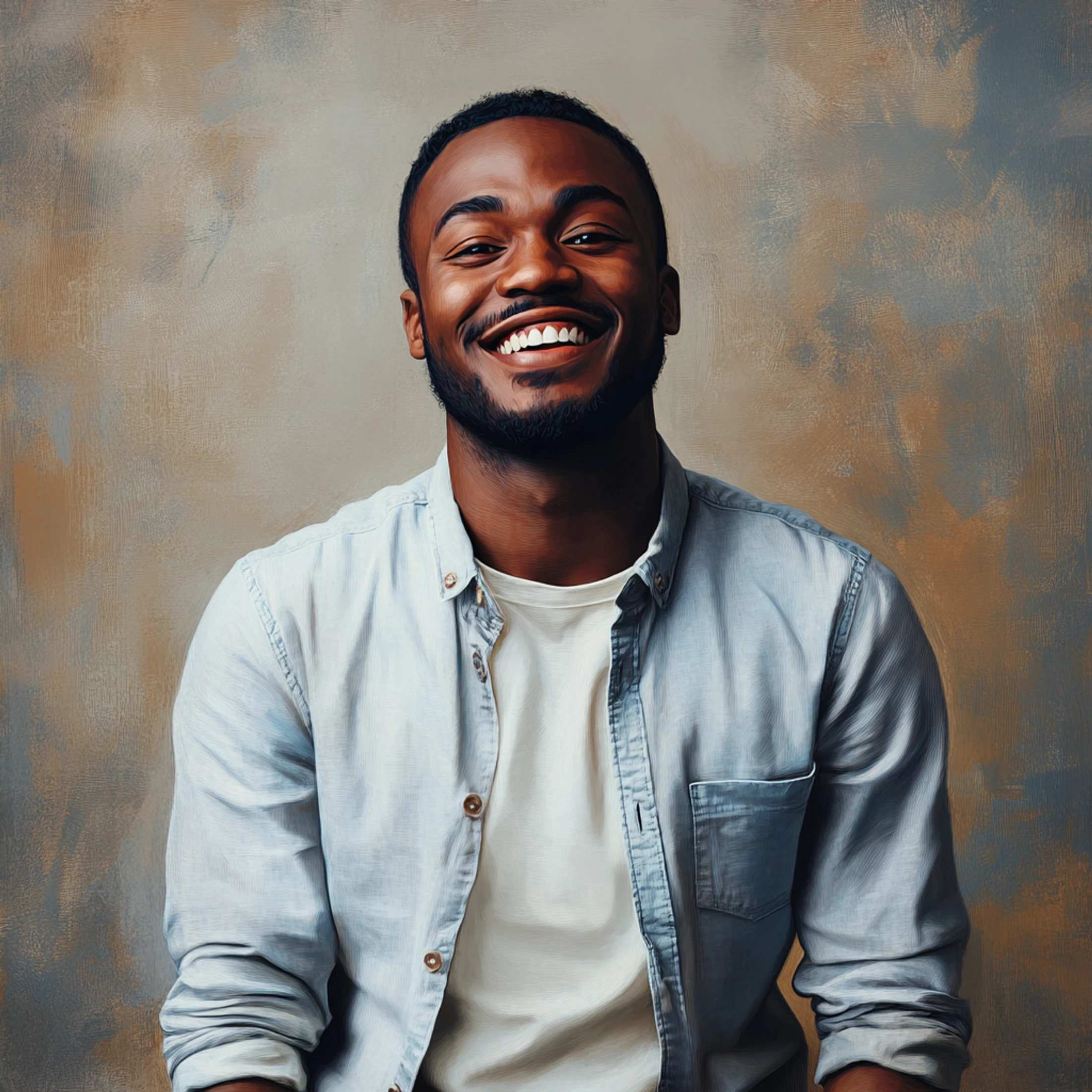 A digital painting of a young Black man with a beard, smiling warmly at the camera. He wears a light blue shirt over a white tee against a textured backdrop.